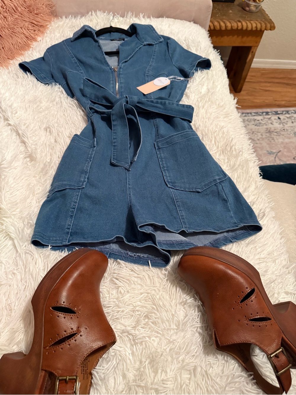 Denim Short-Sleeve Romper with Tie Belt - Blue
